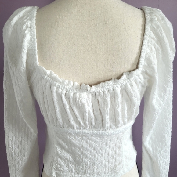 Free People Lady Bug Pointelle Long Sleeve Smocked Sweetheart Milkmaid Crop Top - Picture 11 of 16